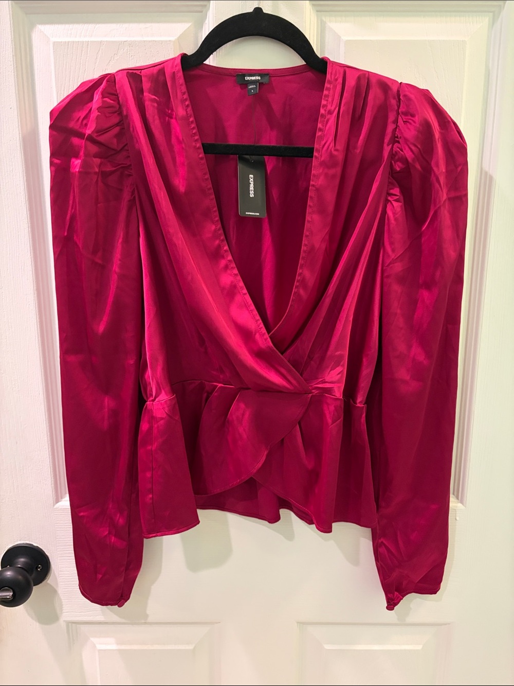 Express Satin Wrap Blouse in Fuchsia